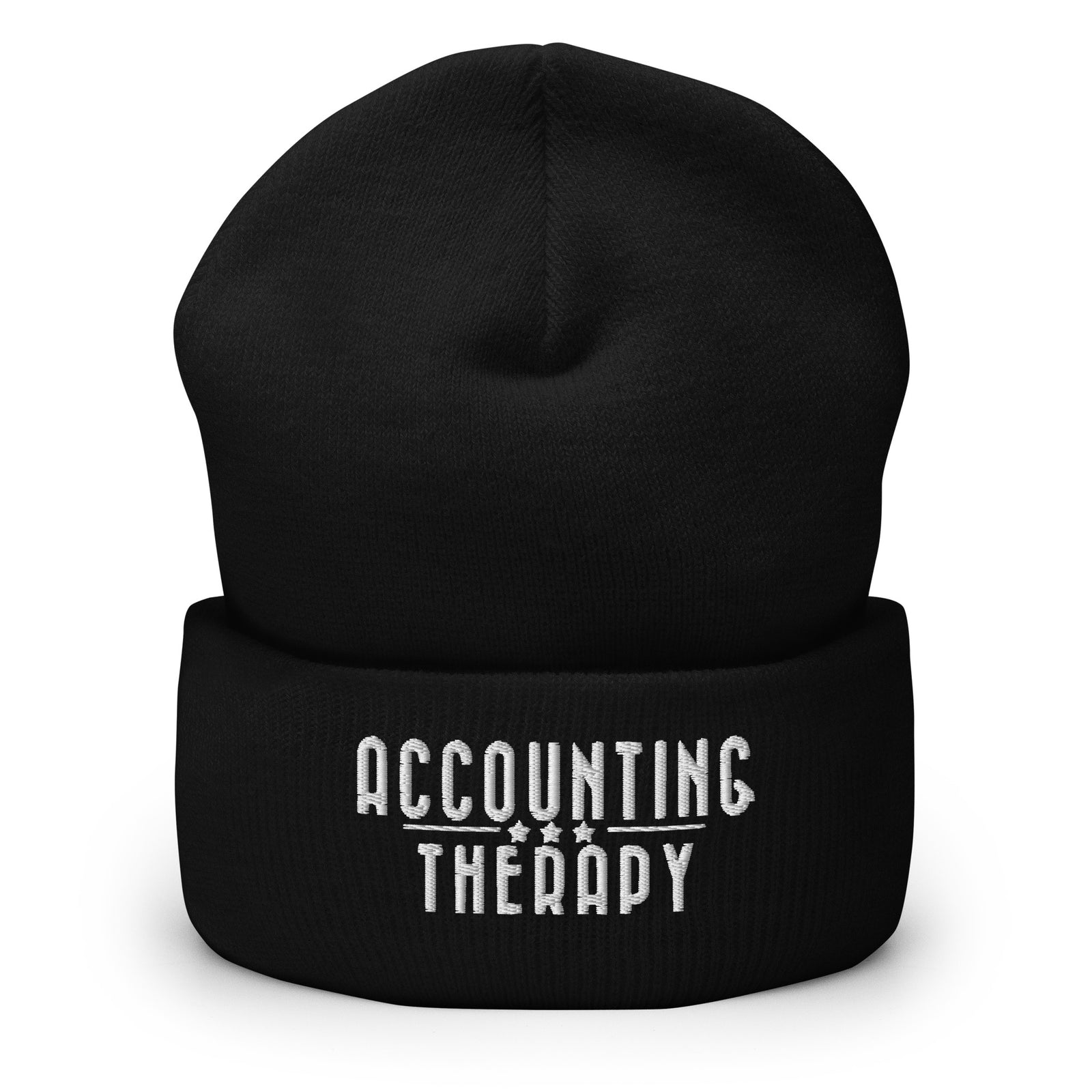 Product mockup - Front view of an black cuffed beanie showing a ribbed knit winter hat with a folded cuff