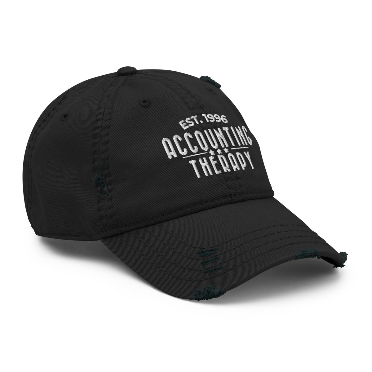 Product mockup - Side view of a black distressed dad hat showing a vintage-style baseball cap with curved brim and unstructured fit