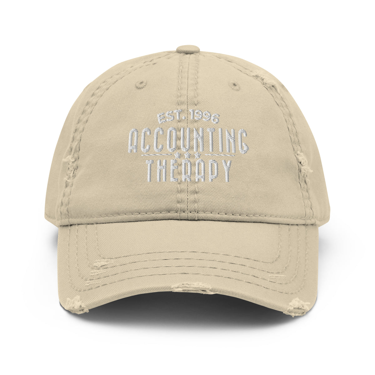 Product mockup - Front view of a khaki distressed dad hat showing a vintage-style baseball cap with curved brim and unstructured fit