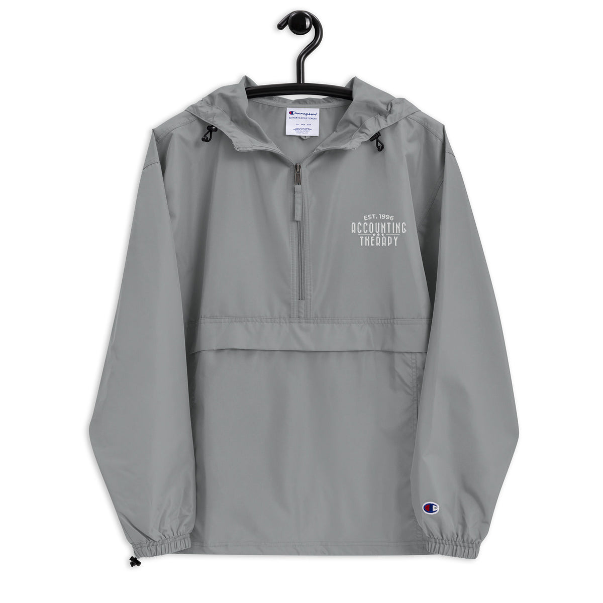 Product mockup - Front view of a graphite embroidered Champion packable jacket showing a lightweight hooded pullover with half-zip and front pocket