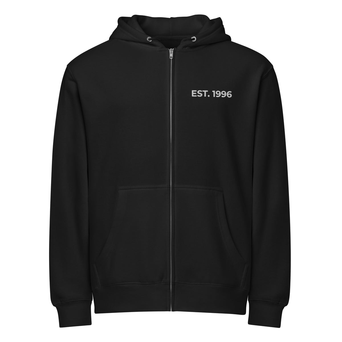 Product mockup - Front view of a black unisex full zip hoodie showing a relaxed fit hooded sweatshirt with long sleeves and ribbed hem