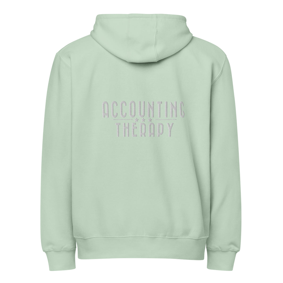 Product mockup -Back view of a seafoam unisex full zip hoodie showing a relaxed fit hooded sweatshirt with long sleeves and ribbed hem