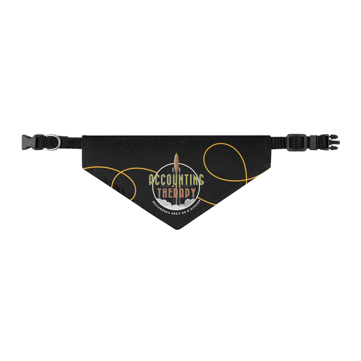 Product mockup - Front view of a black pet bandana collar in S size showing a triangular bandana attached to an adjustable collar