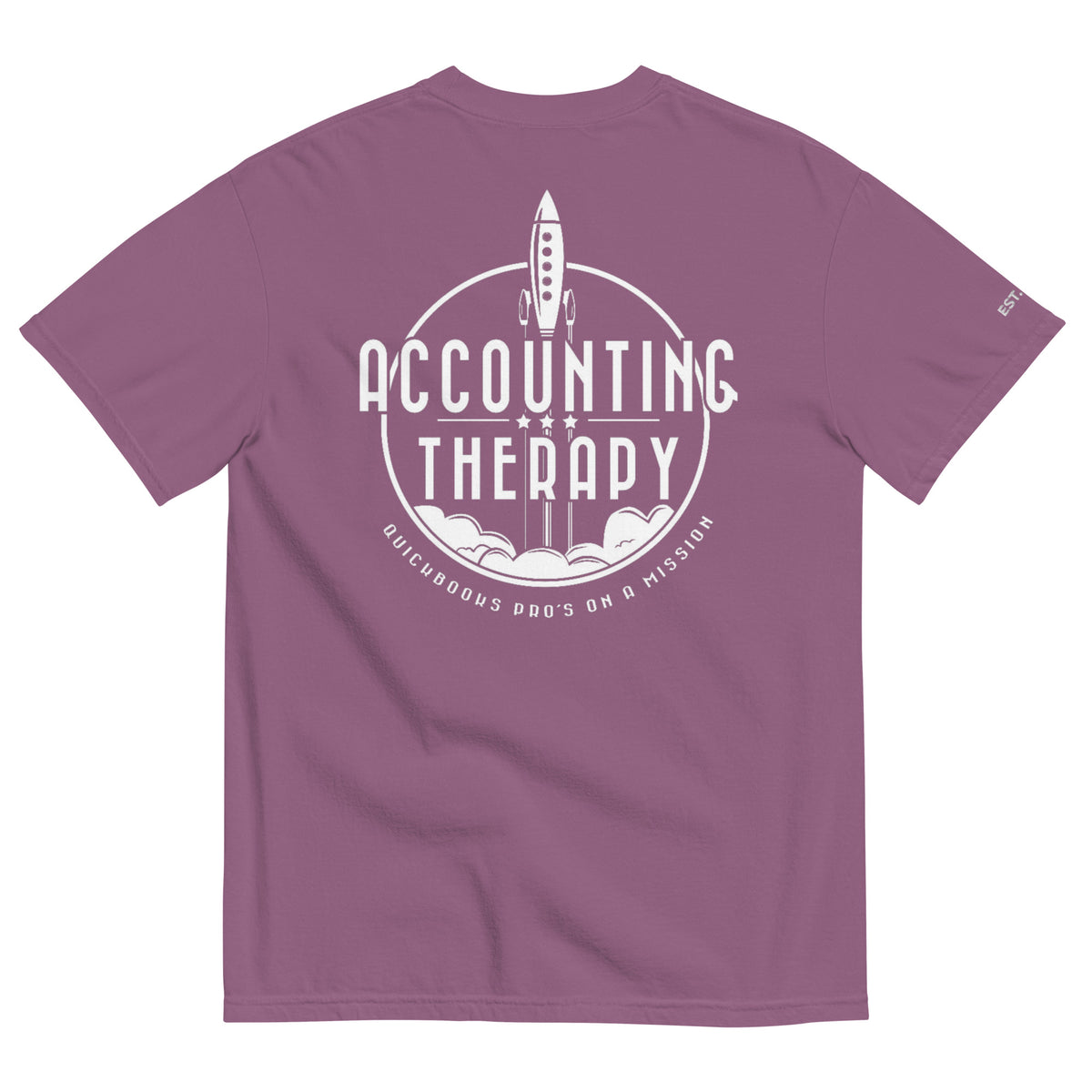 Product mockup - Back view of a berry unisex garment-dyed heavyweight t-shirt showing a relaxed fit short sleeve crew neck tee