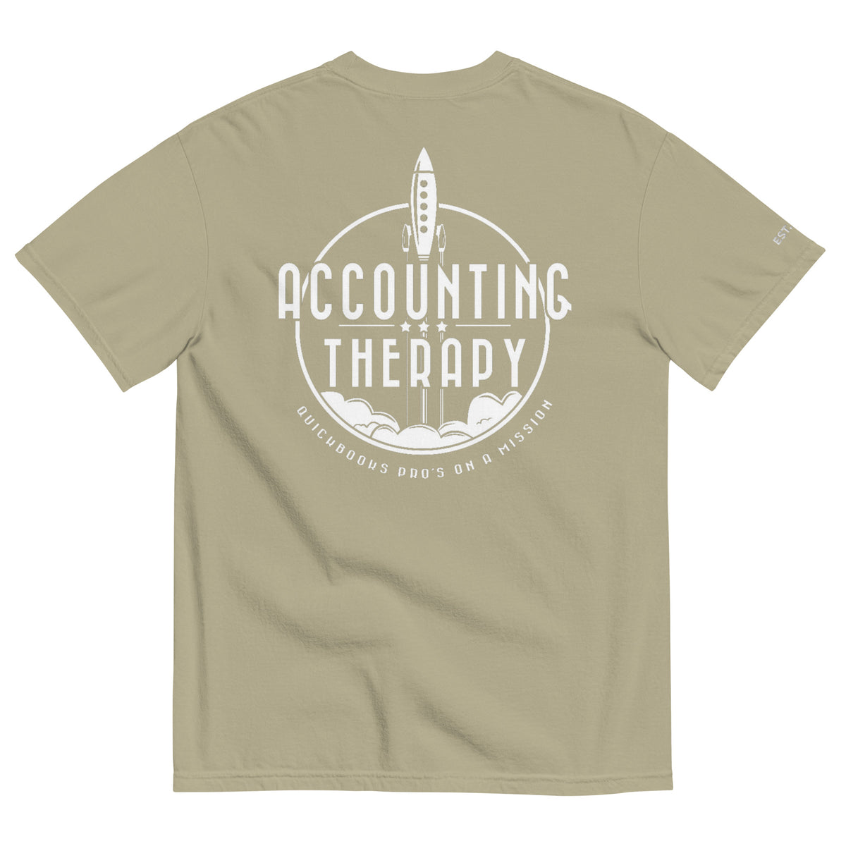 Product mockup - Back view of a khaki unisex garment-dyed heavyweight t-shirt showing a relaxed fit short sleeve crew neck tee