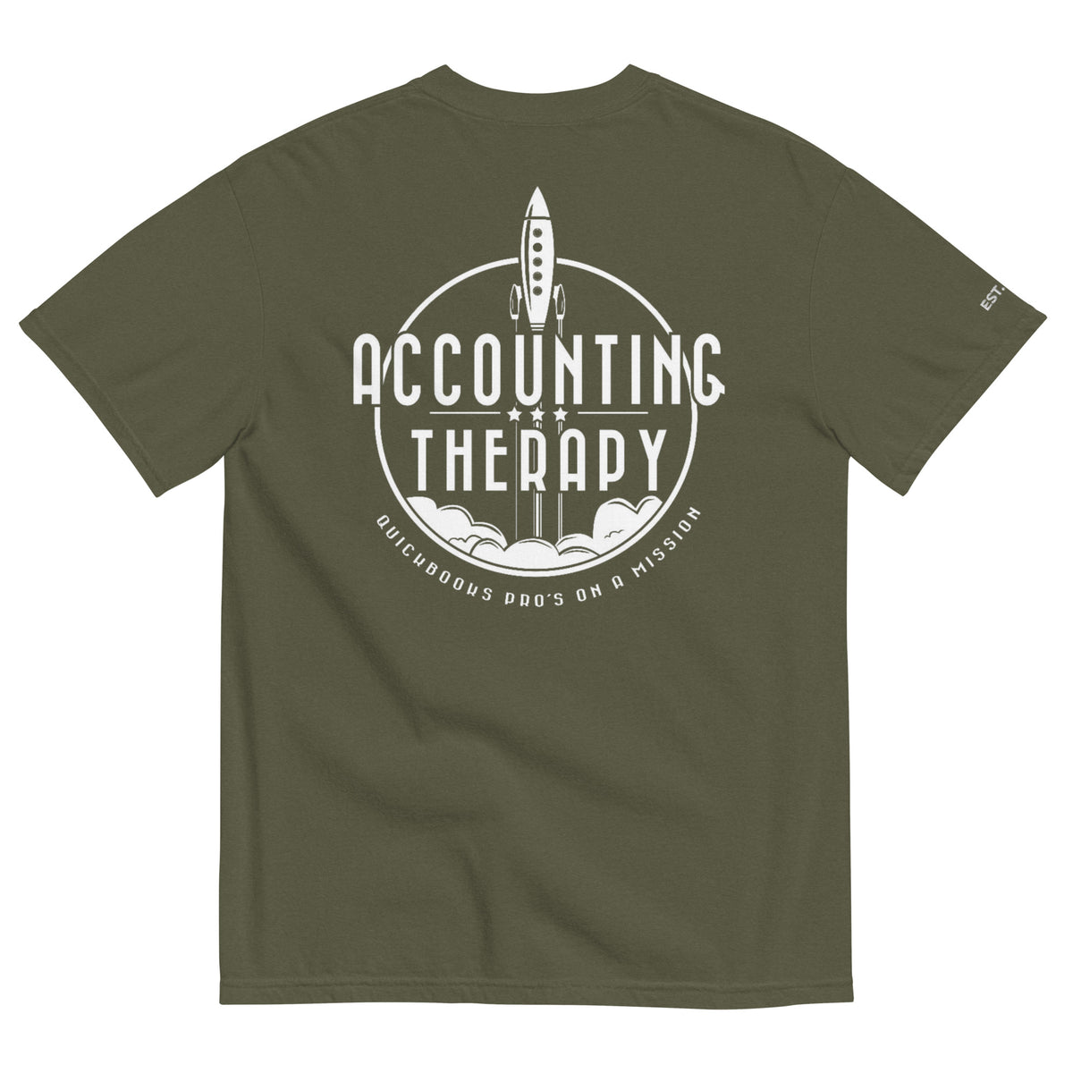 Product mockup - Back view of a sage unisex garment-dyed heavyweight t-shirt showing a relaxed fit short sleeve crew neck tee