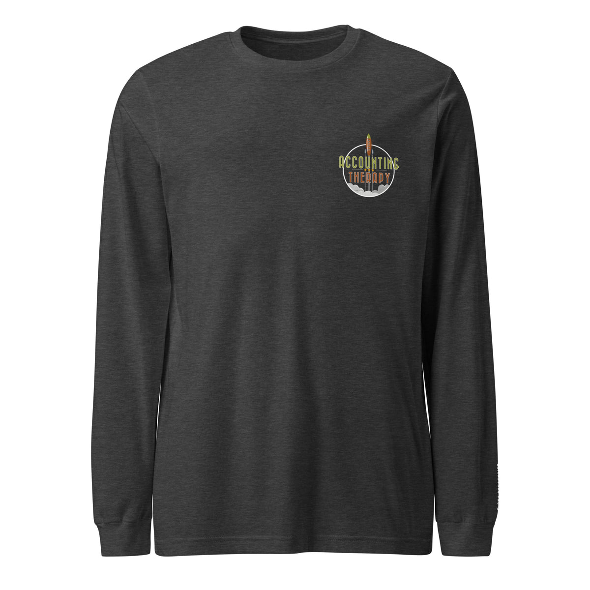 Product mockup - Front view of a heather grey unisex long sleeve t-shirt showing a classic fit crew neck tee with long sleeves