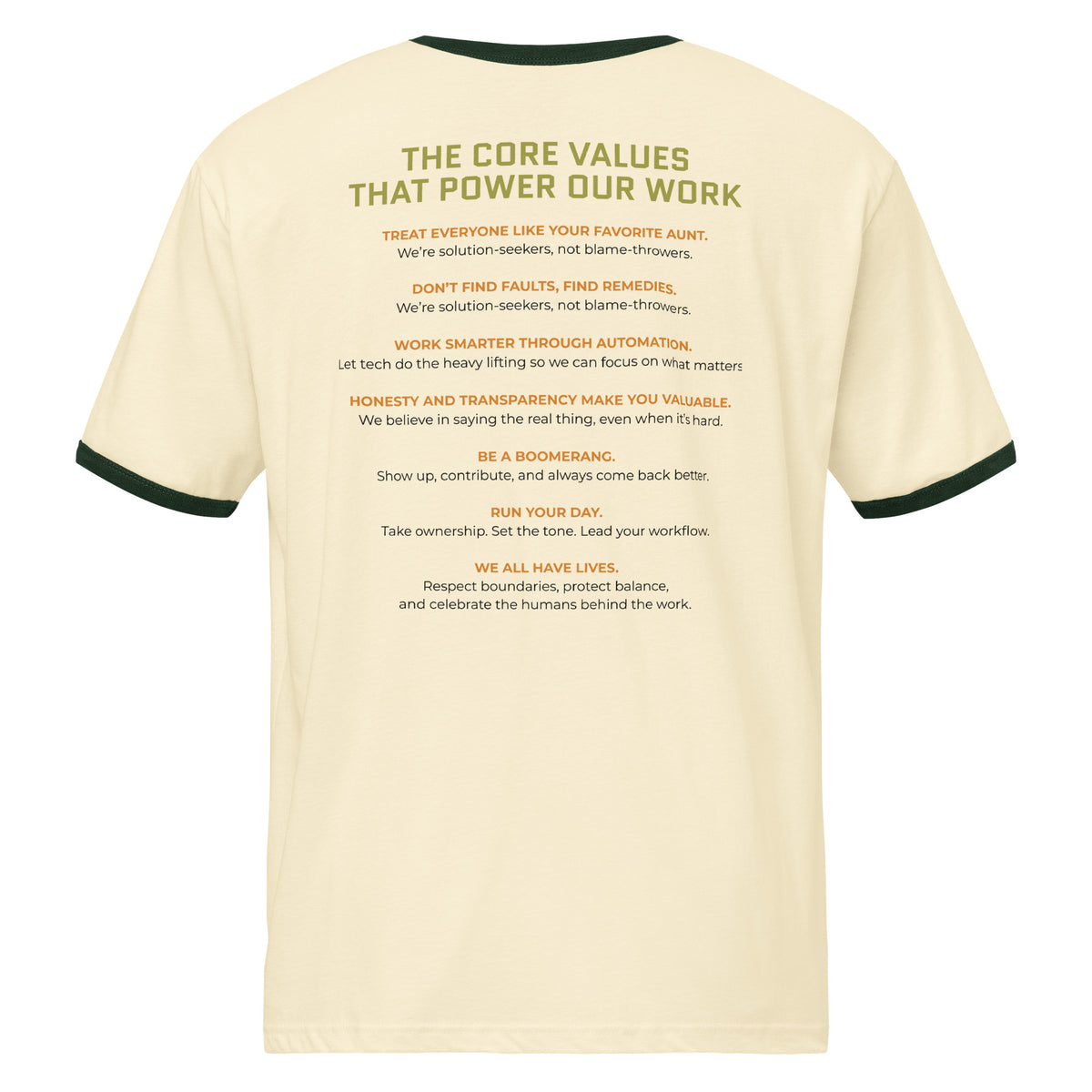 Product mockup - Back view of a natural and forest green unisex ringer t-shirt showing a crew neck tee with contrasting green collar and sleeve bands