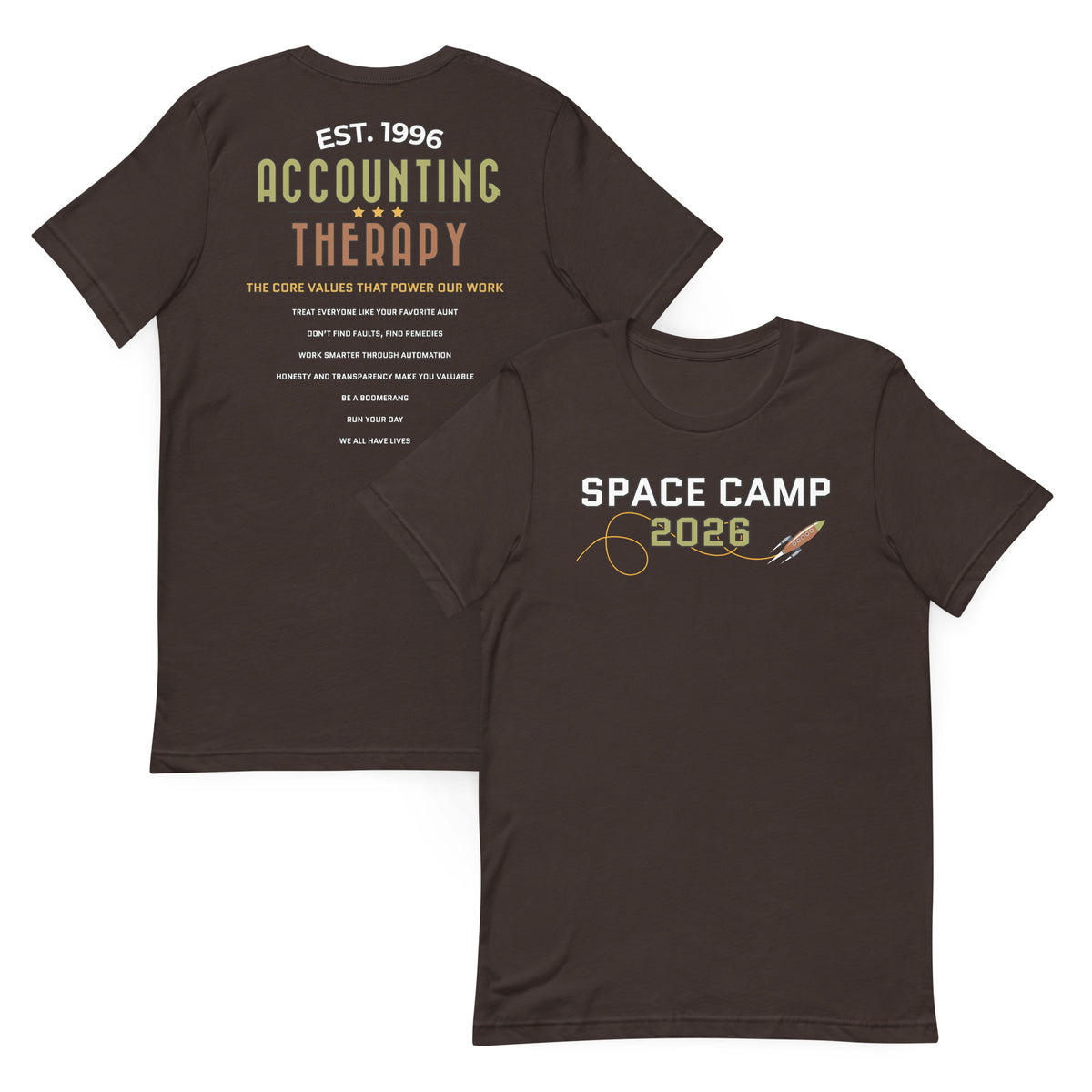 Product mockup - Front and back view of a brown unisex staple t-shirt showing a classic fit short sleeve crew neck tee with blank design areas