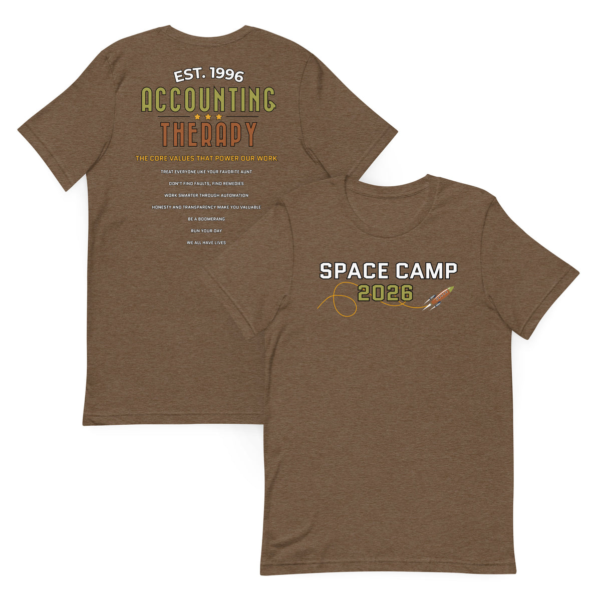 Product mockup - Front and back view of a heather brown unisex staple t-shirt showing a classic fit short sleeve crew neck tee with blank design areas