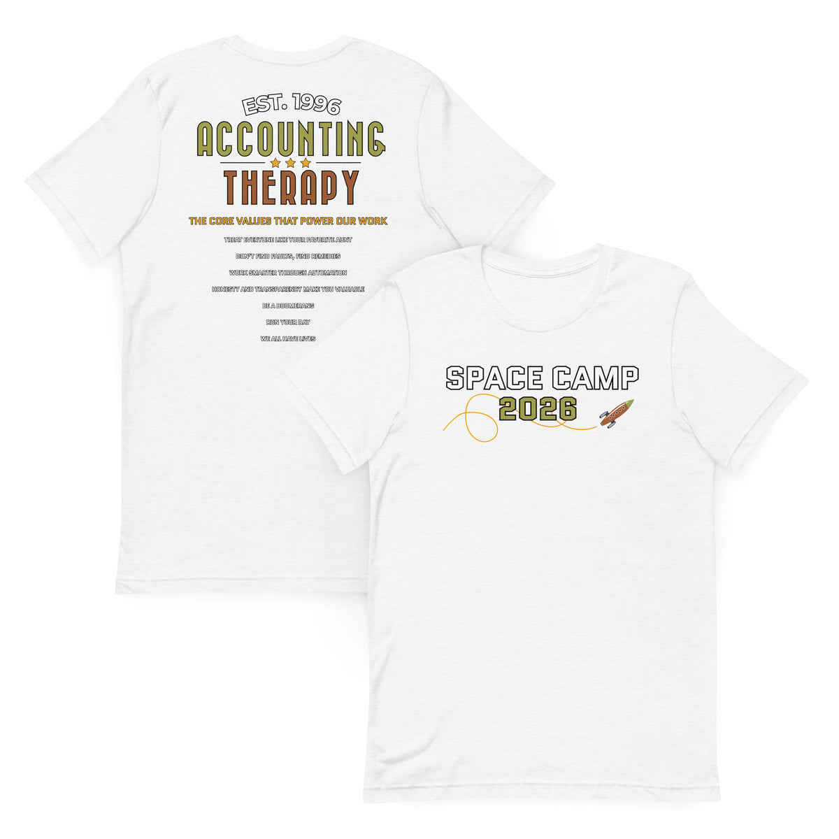 Product mockup - Front and back view of a white unisex staple t-shirt showing a classic fit short sleeve tee with blank design areas