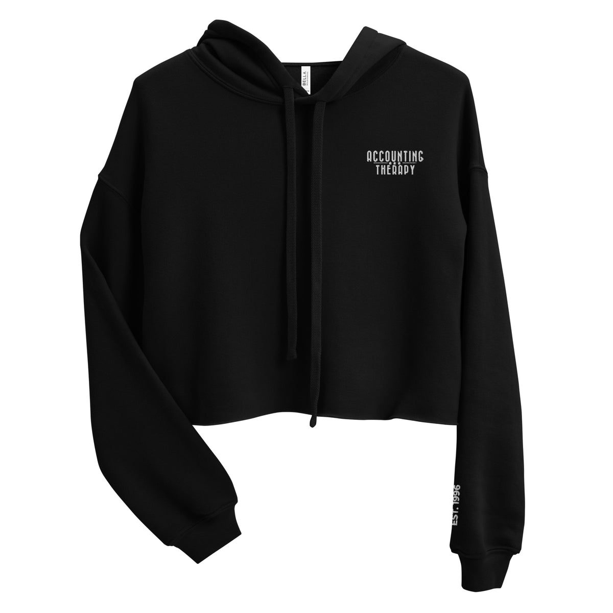Product mockup - Front view of a women’s cropped hoodie in storm black color with drawstrings, long sleeves, and a raw hem